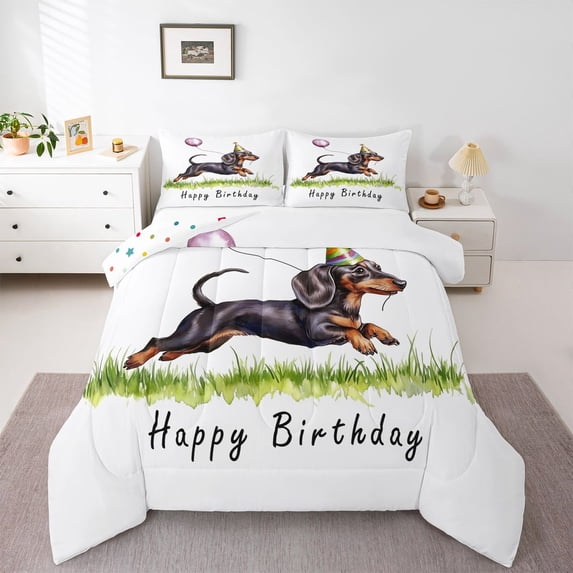 Homewish Cute Dachshund Dog Queen Comforter Set,Happy Birthday Print Comforter Sets Queen,White,Polkadot Reversible,3pcs,1 Comforter and 2 Pillowcases