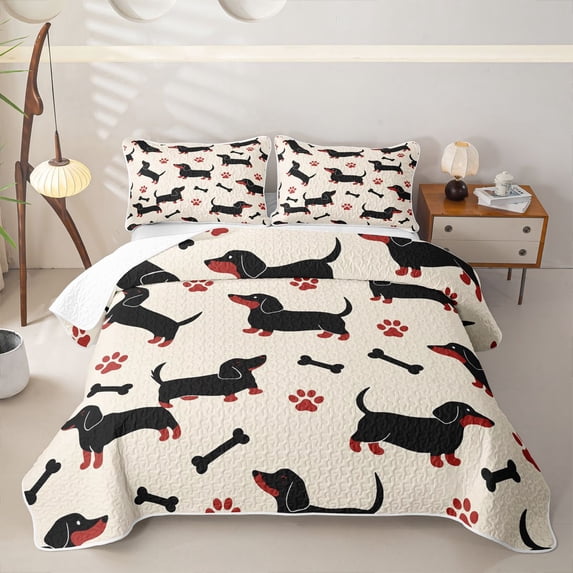 Homewish Cute Dachshund Dog Quilt King,Paws Bone King Coverlet Set,Cream,3 Pieces