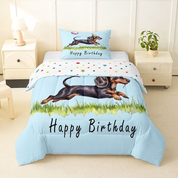 Homewish Cute Dachshund Dog Twin Comforter Sets,Happy Birthday Print Bedding Set,Blue,Purple Balloon Decor,Polkadot Reversible,2 Pieces,1 Comforter and 1 Pillowcase