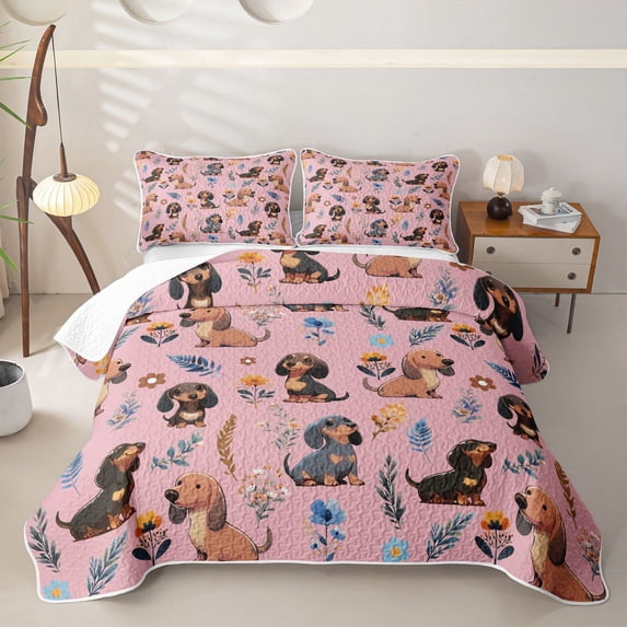 Homewish Cute Dachshund Dog Twin Quilt Set,Lovely Floral Leaves Twin Coverlet Set,Pink,2 Pieces