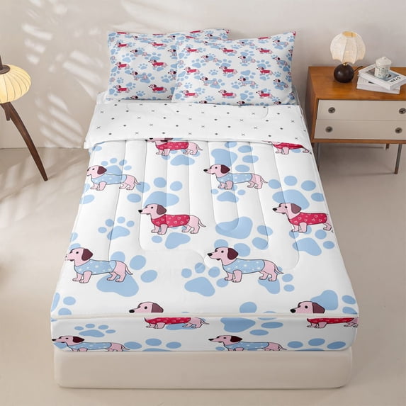 Homewish Cute Dachshund Pet Zipper Full Size Comforter Sets with Fitted Sheet and 2 Pillowcases,Kawaii Dog Paws Zipper Bedding Set,Blue,Reversible,4pcs