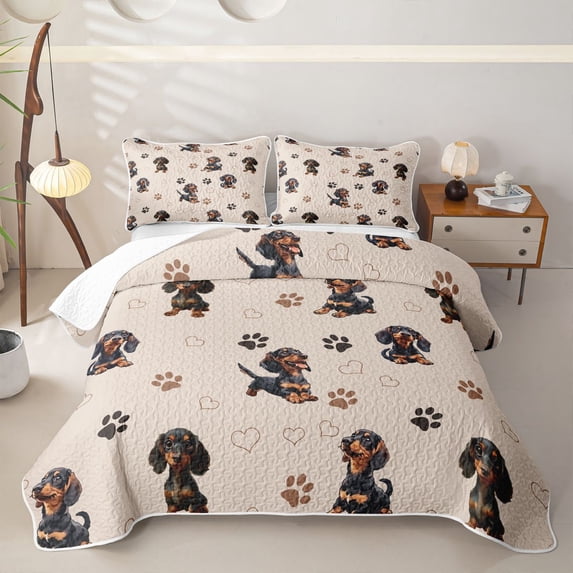 Homewish Cute Dachshund Quilt King,Dog Paw Prints King Coverlet Set,Beige,Heart Printed Decor,3 Pieces