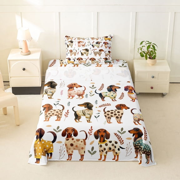 Homewish Cute Dachshund Twin Sheets,Autumn Leaf Bedding,White,3-Piece,1 Fitted Sheet and 1 Pillowcase