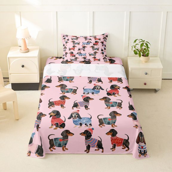 Homewish Cute Dachshund Twin Sheets,Lovely Dog Bedding,Pink,3-Piece,1 Fitted Sheet and 1 Pillowcase