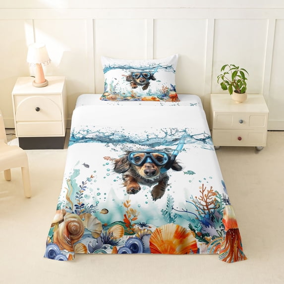 Homewish Cute Dachshund Twin Sheets,Ocean Seaweed Seashell Bedding,Pet Dog Decor,3-Piece,1 Fitted Sheet and 1 Pillowcase