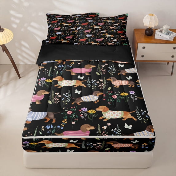 Homewish Cute Dachshund Zipper Queen Comforter Set with Fitted Sheet and 2 Pillowcases,Kawaii Floral Plants Zipper Bedding Set,Black,Black Reversible,4pcs