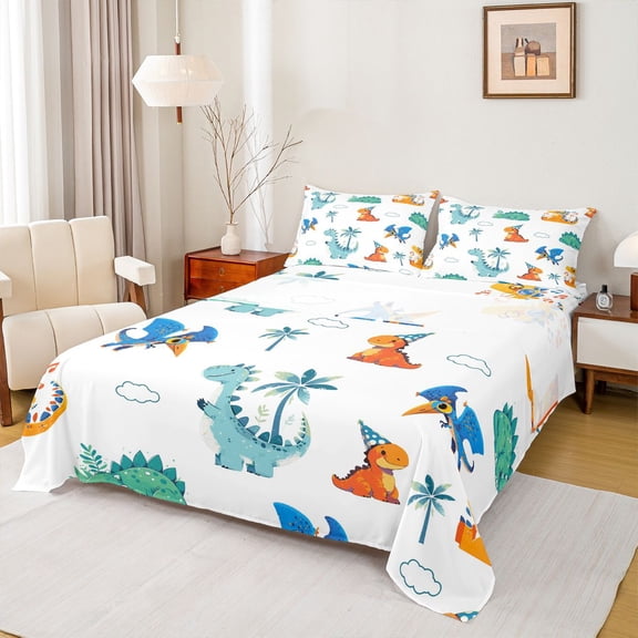 Homewish Cute Dino Bed Sheets,Cartoon Dinosaur King Sheets,White Blue Orange Sheet Set For Boys Teens,Breathable Home Decor,4-Piece