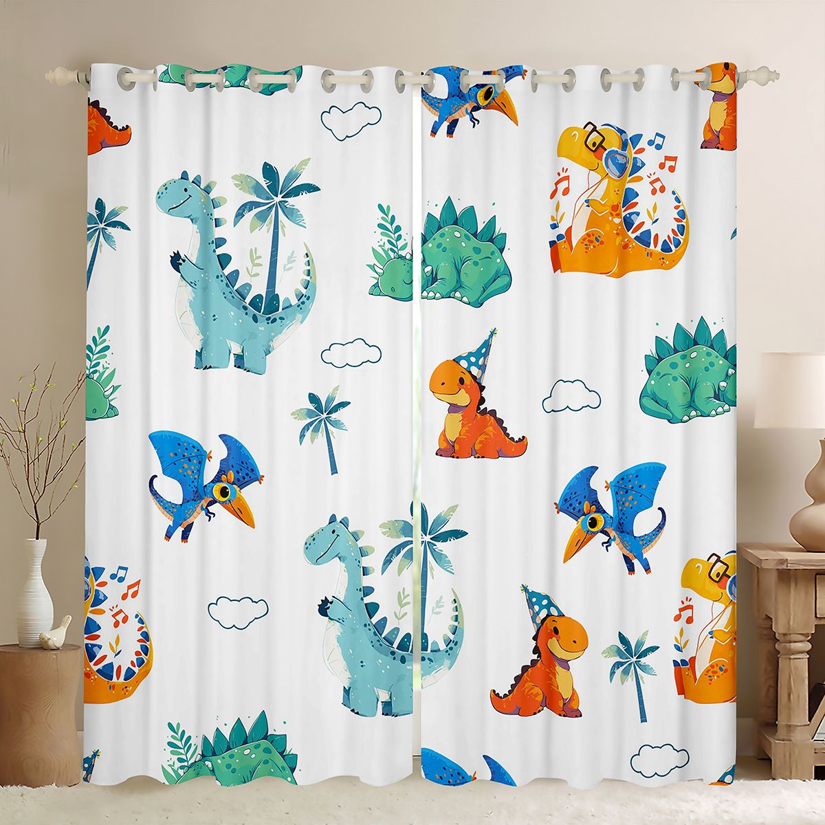 Homewish Cute Dino Curtains Pack of 2 (42x84 Each),Cartoon Dinosaur Curtains Blackout,White Blue Orange Bedroom Curtains For Boys Teens,Breathable Home Decor