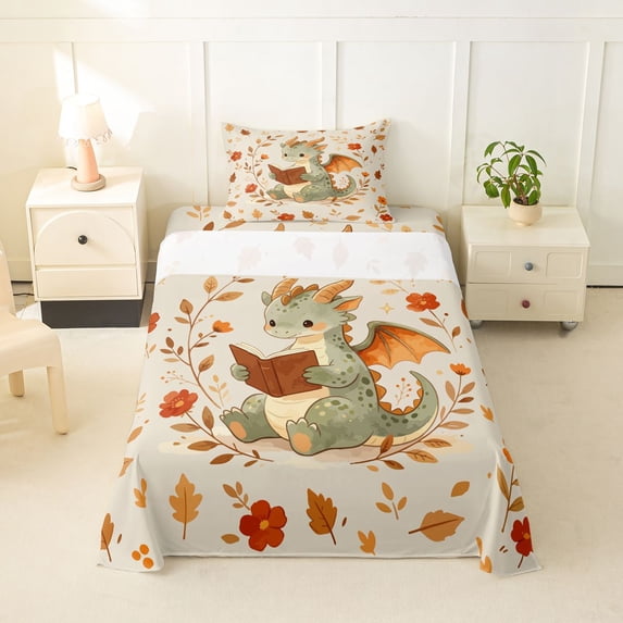 Homewish Cute Dino Twin Sheets,Autumn Leaves Bedding,Brown,3pcs,1 Fitted Sheet and 1 Pillowcase