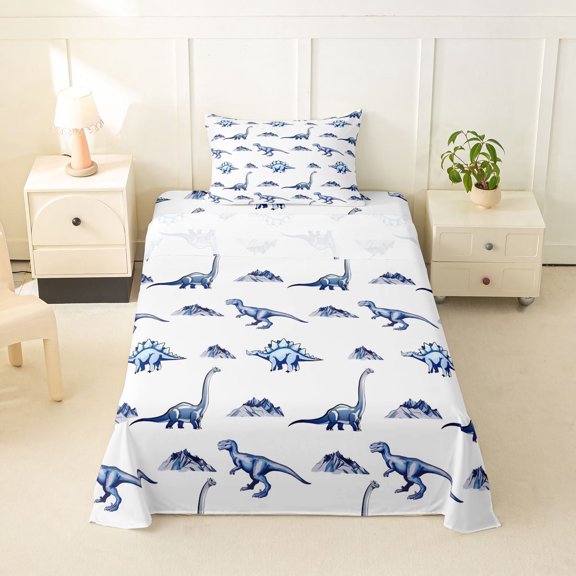 Homewish Cute Dino Twin Sheets,Wild Animals Bedding,White Blue,3 Pieces,1 Fitted Sheet and 1 Pillowcase