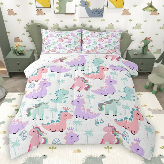 Homewish Cute Dino Unicorn 2pcs Bedding Comforter Set for Boys Girls,Cartoon Rainbow Polka Dots Twin Comforter Sets,Dreamy Princess Breathable Bedding Set,Ultra Soft Home Decor,Reversible