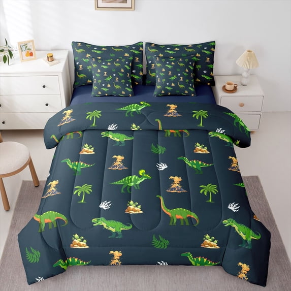 Homewish Cute Dinosaur 7 Pieces Full Size Bedding Sets,Green Palm Tree Full Size Bed in a Bag,Navy Blue Reversible