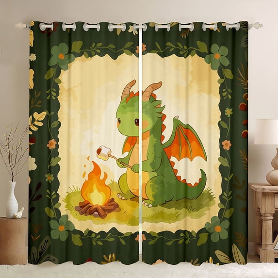 Homewish Cute Dinosaur Blackout Curtains Set of 2 (52x84 Each),Cartoon Animals Theme Curtain,Yellow Green