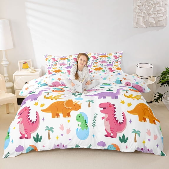 Homewish Cute Dinosaur Duvet Cover Queen,Kawaii Animal Queen Bedding,White,Colorful Stars Reversible,3 Pieces,1 Duvet Cover and 2 Pillowcases