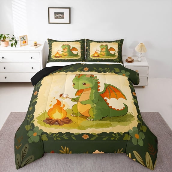 Homewish Cute Dinosaur Full Size Comforter Sets,Cartoon Animals Theme Bedding Comforter Set,Yellow Green,Black Reversible,3-Piece,1 Comforter and 2 Pillowcases
