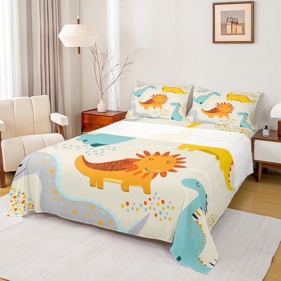 Homewish Cute Dinosaur Full Size Sheets for Kids, Funny Jungle Animal Bed Sheets, Chic Wheat Polkadots Sheet Sets, Ultra Soft Bedroom Decor, 4 Pieces