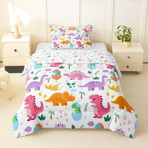 Homewish Cute Dinosaur Twin Comforter Sets,Kawaii Animal Bedding Set,White,Colorful Stars Reversible,2pcs,1 Comforter and 1 Pillowcase