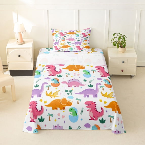 Homewish Cute Dinosaur Twin Sheets,Kawaii Animal Bedding,White,3pcs,1 Fitted Sheet and 1 Pillowcase