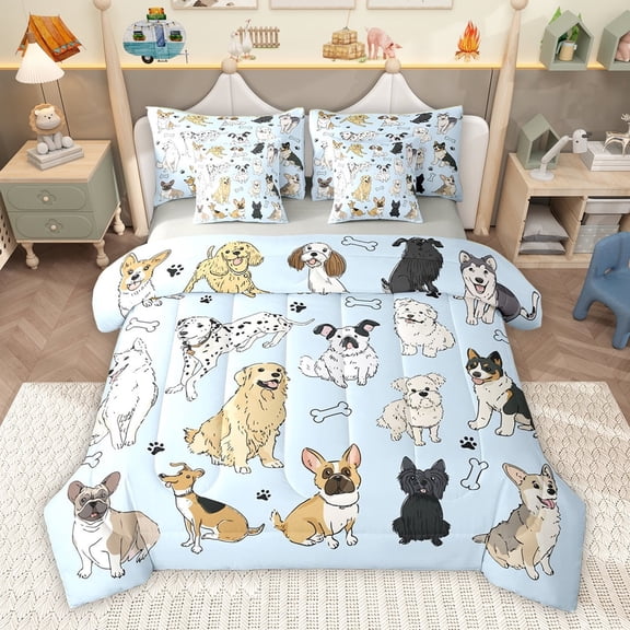 Homewish Cute Dog Dalmatian Bedding Comforter Set 7 Pieces, Funny Animal Lover Full Bedding Set, Blue Cartoon Theme Reversible Fitted Sheet Flat Sheet, Lightweight Room Decor