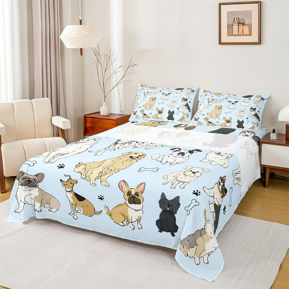 Homewish Cute Dog Dalmatian Twin Sheet Sets, Funny Animal Lover Twin Fitted Sheet, Blue Cartoon Theme Flat Sheet, Lightweight Room Decor, 3pcs