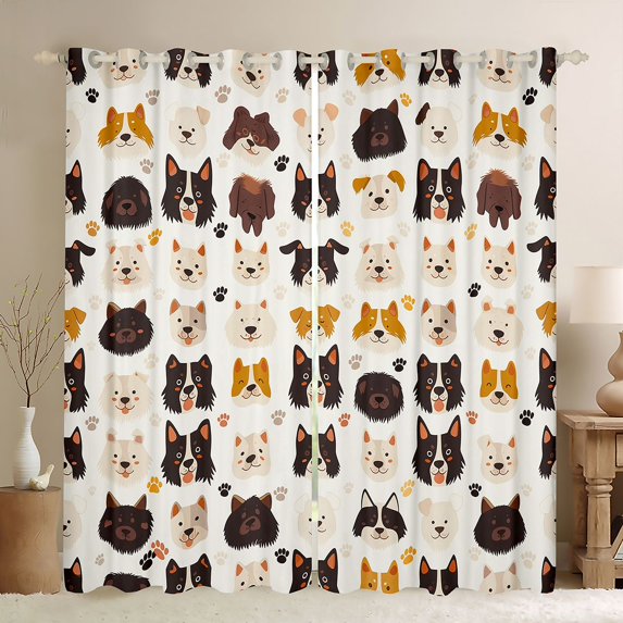 Homewish Cute Dog Kitchen Curtains,Cartoon Pet Themed Black Out Curtains Pack of 2 (42x63 Each),Cream