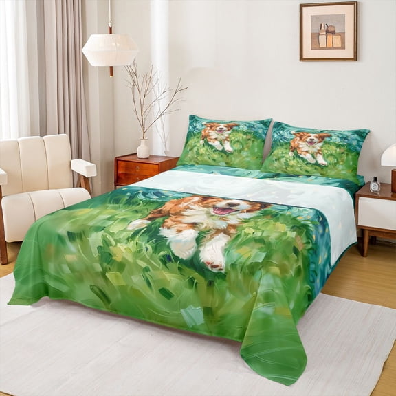 Homewish Cute Dog Lover Bed Sheets, Fashion Western Oil Printing King Sheets, Kawaii Animal Theme Sheet Set, Ultra Soft Bedroom Decor, 4pcs