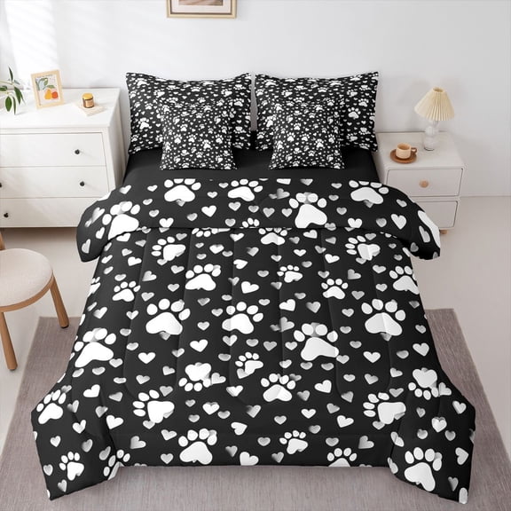 Homewish Cute Dog Paw 7-Piece Twin Bedding,Pet Themed Bedding Comforter Set,Black,Black Reversible