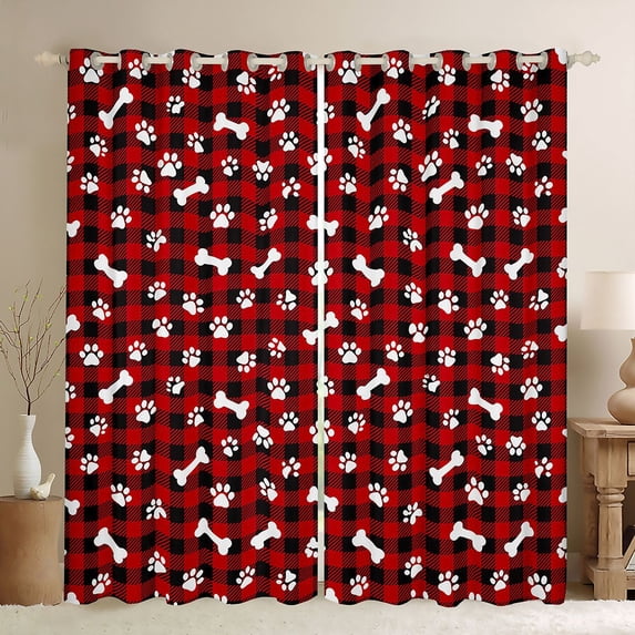 Homewish Cute Dog Paw Bone Blackout Curtains Set of 2 (52x84 Each),Vintage Red Black Grid Curtain,Cartoon Pet Decor