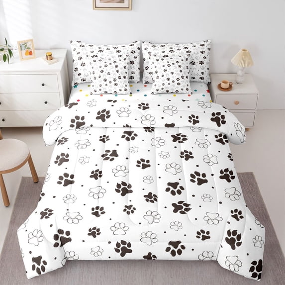 Homewish Cute Dog Paws 7-Piece Twin Bedding,Cartoon Pet Themed Bedding Comforter Set,White,Polkadot Reversible