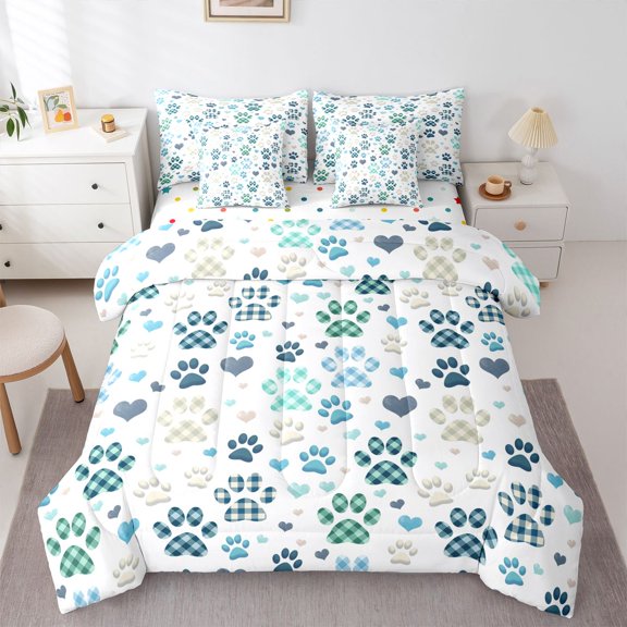 Homewish Cute Dog Paws 7-Piece Twin Bedding,Kawaii Pet Theme Bedding Comforter Set,White,Polkadot Reversible