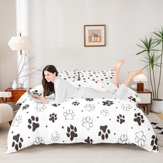 Homewish Cute Dog Paws Duvet Cover Queen,Cartoon Pet Themed Queen Bedding,White,Polkadot Reversible,3pcs,1 Duvet Cover and 2 Pillowcases