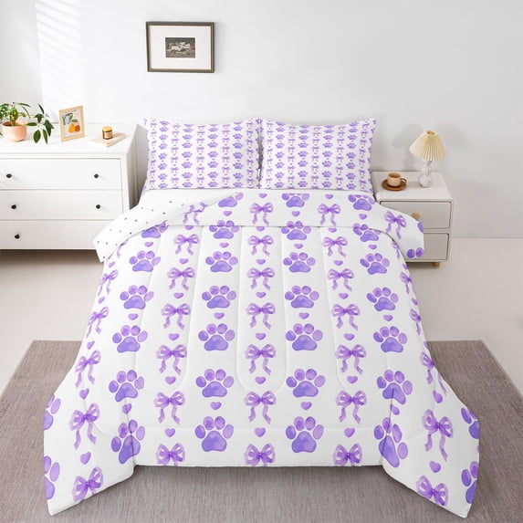Homewish Cute Dog Paws Queen Comforter Set,Heart Bowknot Comforter Sets Queen,Purple,Reversible,3-Piece,1 Comforter and 2 Pillowcases