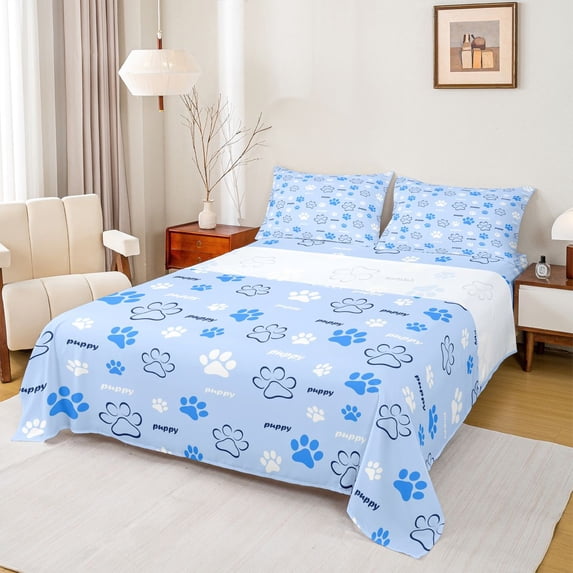 Homewish Cute Dog Paws Queen Sheets,Puppy Print Queen Sheet Sets,Blue,4pcs,1 Flat Sheet, 1 Fitted Sheet and 2 Pillowcases