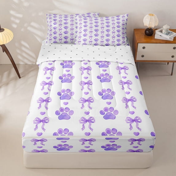 Homewish Cute Dog Paws Zipper Queen Comforter Set with Fitted Sheet and 2 Pillowcases,Heart Bowknot Zipper Bedding Set,Purple,Reversible,4pcs