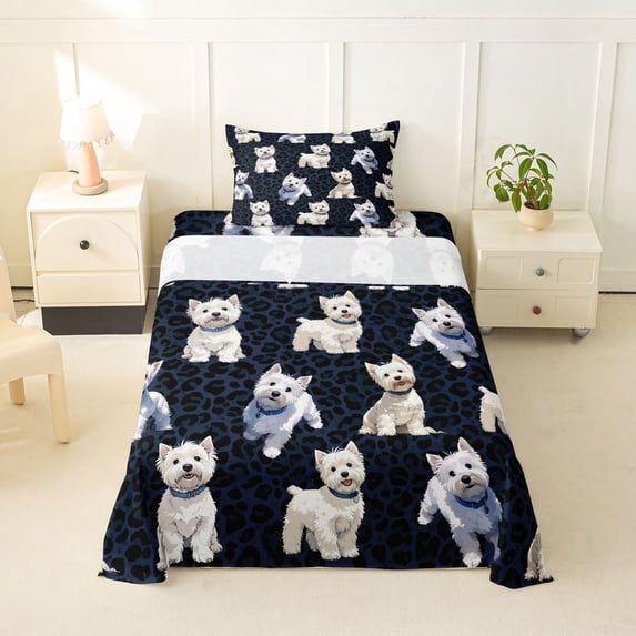 Homewish Cute Dog Twin Sheets,Navy Black Leopard Print Bedding,3pcs,1 Fitted Sheet and 1 Pillowcase