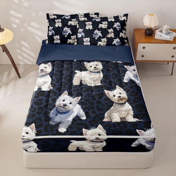 Homewish Cute Dog Zipper Queen Comforter Set with Fitted Sheet and 2 Pillowcases,Navy Black Leopard Print Zipper Bedding Set,Navy Blue Reversible,4pcs