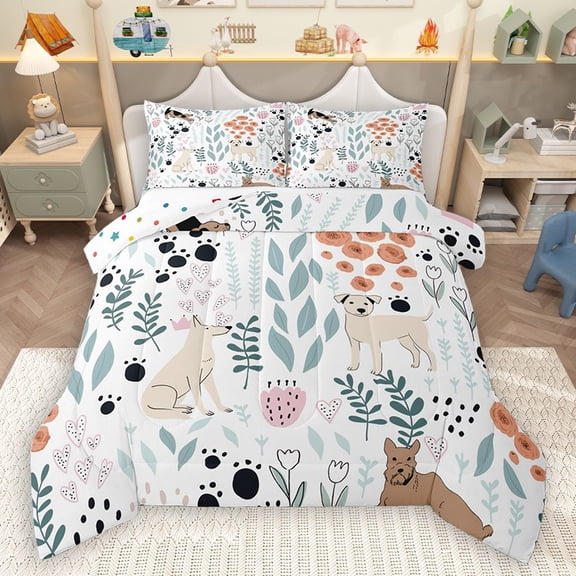 Homewish Cute Dogs 2pcs Bedding Comforter Set for Teens Boys Girls,Flower Animal Twin Comforter Sets,Dreamy Princess Breathable Bedding Set,Ultra Soft Home Decor,Reversible