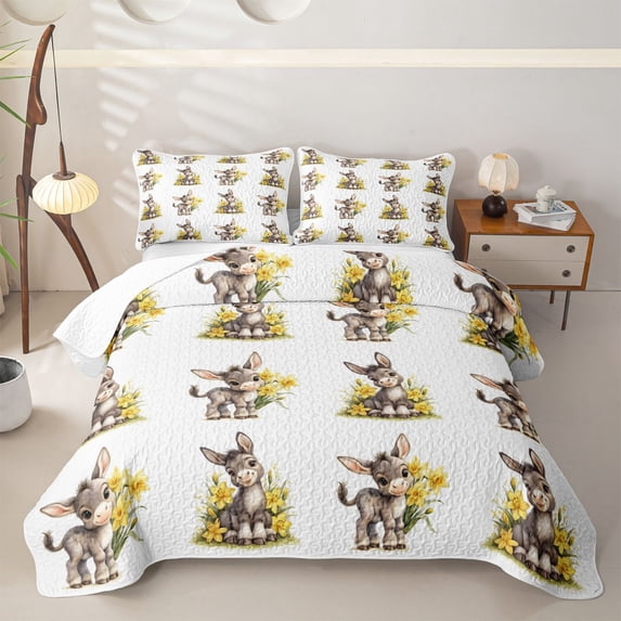 Homewish Cute Donkey Foal Daffodil Pattern Print Bed Spread Queen,Spring Farm Queen Coverlet Set For Kids Boys And Girls,3pcs