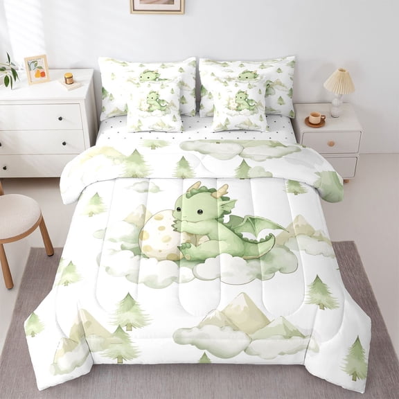 Homewish Cute Dragon 7 Pieces Full Size Bedding Sets,Cartoon Wildlife Full Size Bed in a Bag,Green,Reversible