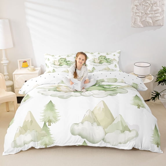 Homewish Cute Dragon Bedding,Cartoon Wildlife Duvet Cover Full,Green,Reversible,3 Pieces,1 Duvet Cover and 2 Pillowcases