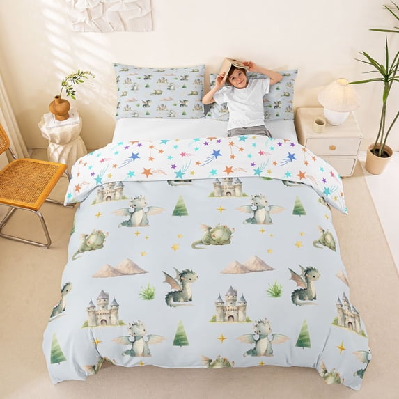 Homewish Cute Dragon Bedding,Castle Stars Duvet Cover Full,Blue,Colorful Stars Reversible,3 Pieces,1 Duvet Cover and 2 Pillowcases