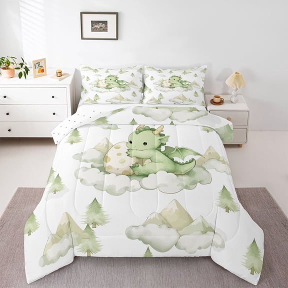 Homewish Cute Dragon Queen Comforter Set,Cartoon Wildlife Comforter Sets Queen,Green,Reversible,3pcs,1 Comforter and 2 Pillowcases