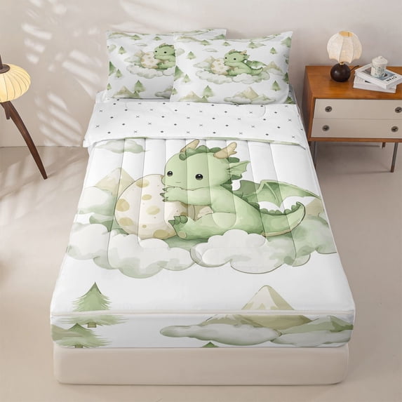 Homewish Cute Dragon Zipper Queen Comforter Set with Fitted Sheet and 2 Pillowcases,Cartoon Wildlife Zipper Bedding Set,Green,Reversible,4pcs