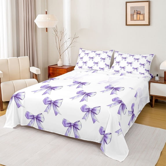 Homewish Cute Dreamy Bow Bed Sheets for Teens, White Purple King Sheets, Cartoon Princess Style Sheet Set, Lightweight Room Decor, 4 Pieces