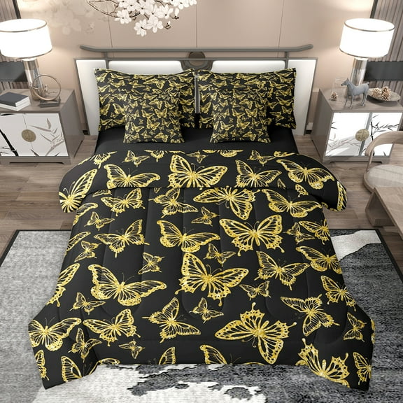 Homewish Cute Dreamy Butterfly Twin Bedding Sets 7-Piece for Girl, Bling Animal Moth Bedding Comforter Set, Yellow Cartoon Theme Reversible Sheet Sets, Ultra Soft Bedroom Decor