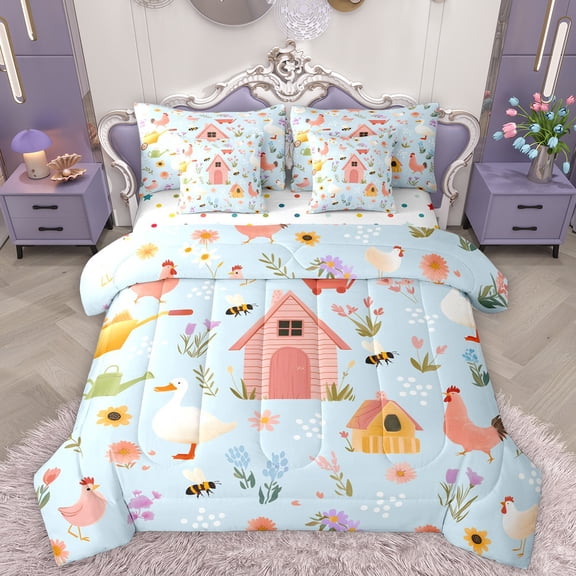 Homewish Cute Duck Chicken 7-Piece Twin Bedding Sets,Rustic Farmhouse Cabin Bedding Comforter Set,Colorful Flower Sheet Sets For Girl Boy,Microfiber Bedroom Decor Reversible