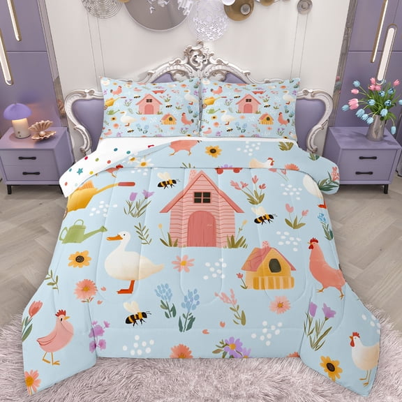 Homewish Cute Duck Chicken Bedding Comforter Set,Rustic Farmhouse Cabin Twin Comforter Sets,Colorful Flower Bedding Set For Girl Boy,Microfiber Bedroom Decor Reversible,2 Pieces