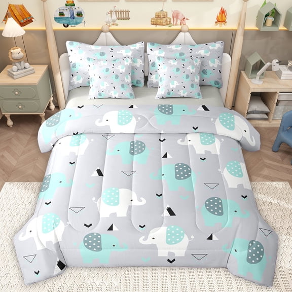 Homewish Cute Elephant 7-Piece Bedding Comforter Set,Zoo Animal King Bedding Sets,Green Gray Bed Sheets For Boys Kids,Super Cozy Room Decor Reversible