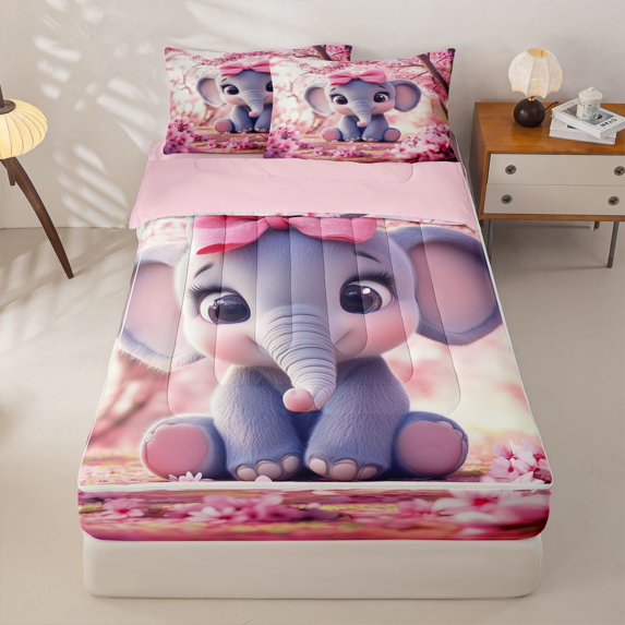 Homewish Cute Elephant Animal Zipper Full Size Comforter Sets with Fitted Sheet and 2 Pillowcases, Blossoms Flower Zipper Bedding Set, Pink Reversible, 4-Piece