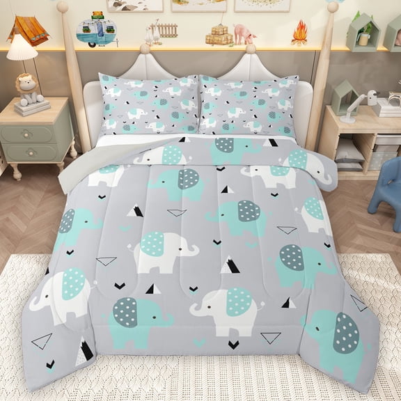 Homewish Cute Elephant Bedding Comforter Set,Zoo Animal Twin Comforter Sets,Green Gray Bedding Set For Boys Kids,Super Cozy Room Decor Reversible,2 Pieces